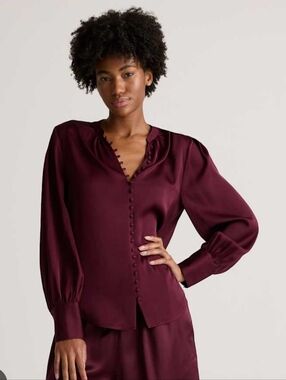 Quince Silk Peasant Blouse In Wine Tasting XS NWOT